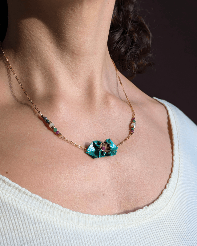 Collier origami Nymphéa Vert soizite -Bijou unique et élégant -